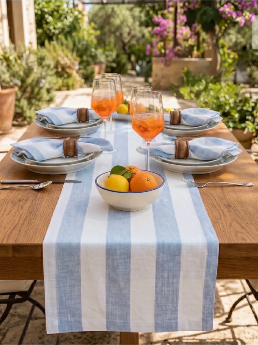 Light Teal and White 100% Linen Striped Table Runner - 14”x60”.